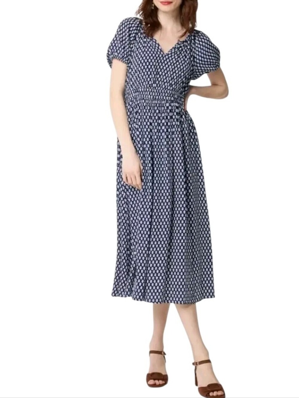 J. Crew Factory Navy White Block Print V-Neck Midi Dress Coastal Grandmother